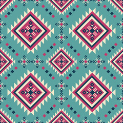 Colorful southwest Native American geometric seamless pattern in turquoise and pink tones with bold diamond repeats. Great for textile projects, fashion, and ethnic-inspired crafts.