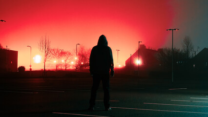 A horror crime concept. Of a hooded eerie figure standing in a car park in a city on a spooky winters foggy night. With a red blue vaporwave edit