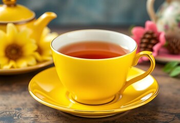 Fototapeta premium A vibrant yellow teacup and saucer, filled with a warm beverage, simple, relaxing
