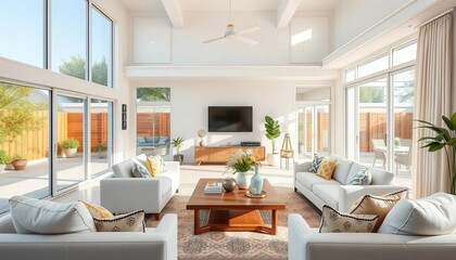 Fototapeta premium Bright, airy living room flows seamlessly to sunny patio, outdoor, living room