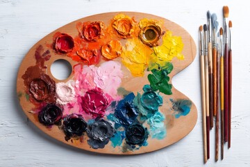 Vibrant Artist's Palette with Oil Paints and Brushes A Colorful Still Life