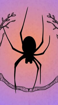 Spider silhouette with branches animation over gradient purple and orange background