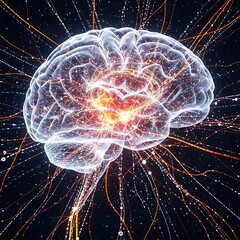 The human brain in the form of a hologram, levitating in the air. New technology, isolated brains