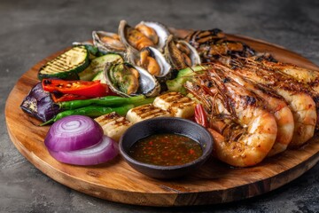Grilled Seafood Platter with Vegetables and Spicy Dipping Sauce