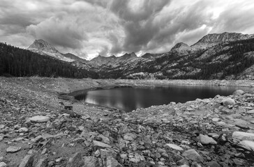 A extreme low water level at South Lake in the Sierra Nevada Mountain Range.