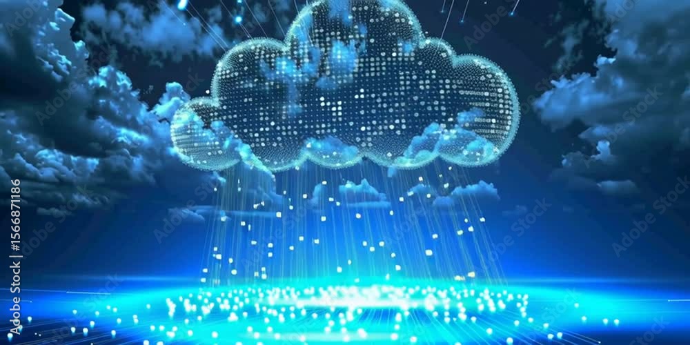 Wall mural cloud computing concept with a digital cloud raining data on electronic circuitry