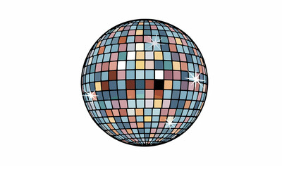 "mirror disco ball reflecting lights, vector, retro style, white background" generative ai

