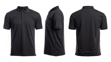Black Men's Polo Shirt Mockup: Front, Side, and Back Views, Studio Shot, Clean Minimalist Style