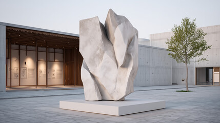 Modern abstract stone sculpture on display in a minimalist outdoor plaza with contemporary architecture and a young tree.