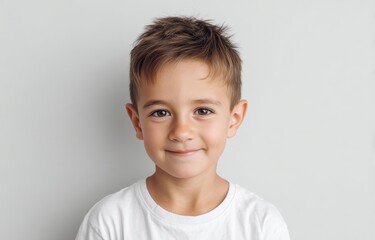 Close-up studio portrait of a happy, cute little boy's smiling face, full of childhood joy