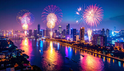 Fototapeta premium A vibrant image of a large fireworks display over a city skyline at night