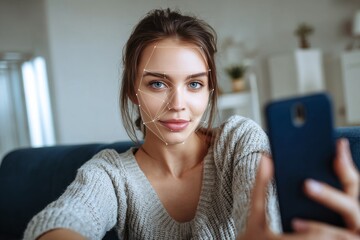 Smiling young businesswoman with brunette hair thinking casually indoors