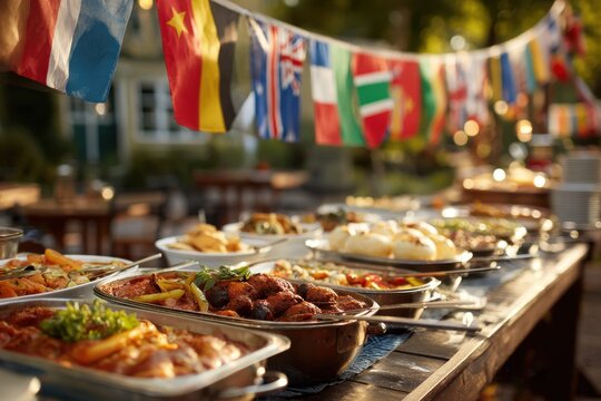 Stunning photo of delicious food from around the world served buffet style on a table outdoors with international flags hanging in the background.