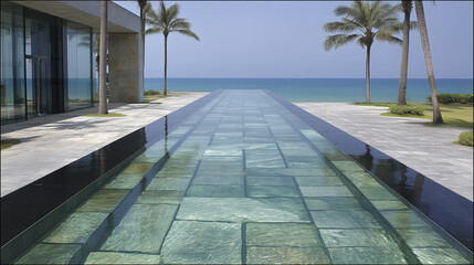 Obraz premium Modern luxury villa with glass infinity pool, palm trees, and ocean view under clear blue sky, tropical resort atmosphere.