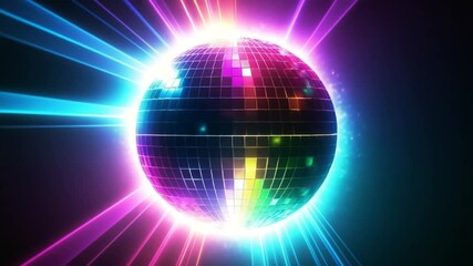 Dynamic disco ball spinning with vibrant light rays for a retro party feel - Powered by Adobe