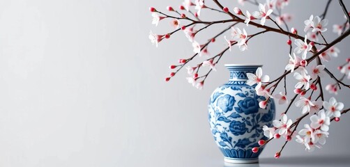Elegant blue & white porcelain vase, delicate cherry blossom branches in bloom, ceramic, still life