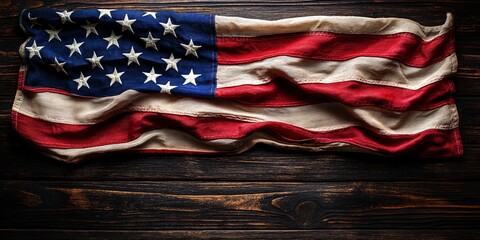 patriotic american flag on wooden surface for independence day or memorial day celebration