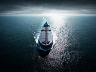 A majestic vessel sails across the blue ocean under a summer sky, with the horizon in the distance