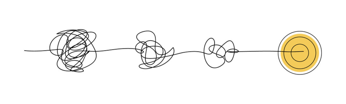 
Continuous one line drawing of chaos tangle which gradually turns into achievement target, problem solving concept, trouble solution, brainstorming process