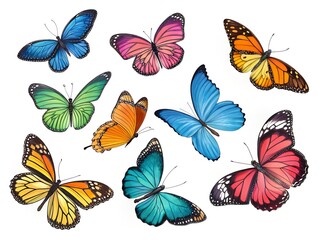 Colorful hand drawn butterflies on white background isolated insect vector art