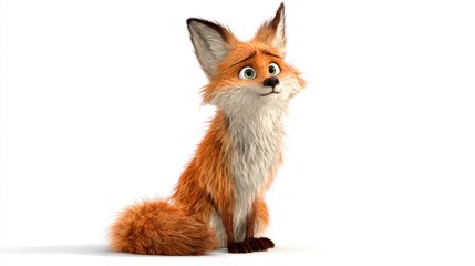 A cute, animated red fox with fluffy fur sits attentively against a plain white background, showcasing bright eyes and detailed textures.