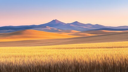 Obraz premium Golden Wheat Field Under Sunset Mountains