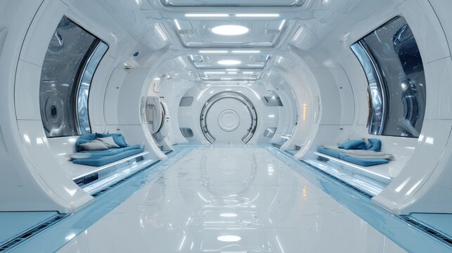 Stunning photo of futuristic spaceship interior with a white and blue color theme. The corridor has large windows on the sides, and there is a round door at each corner leading.