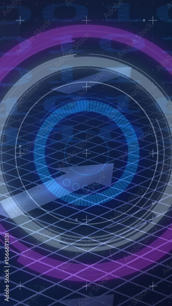 Poster digital animation of purple round scanner against binary coding data processing on blue background