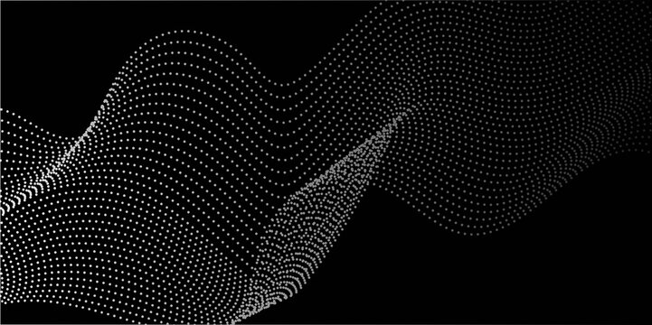 Abstract dot wave line with moving particles on dark background . Medium banner size. Element for design. Dynamic particle waves in a halftone gradient create a flowing dot curve on a black Background