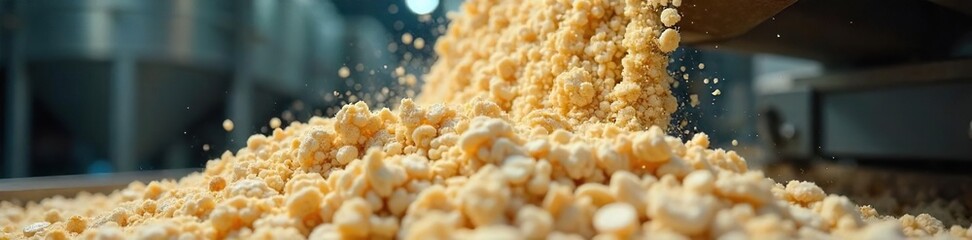 Flour and Grain Cascading onto Conveyor Belt in Industrial Cereal Plant  A Close-Up View of Cereal Manufacturing