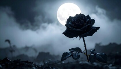 "A single black rose in full bloom, with velvety dark petals glistening under soft moonlight, surrounded by a misty atmosphere, gothic and mysterious tone, ultra-realistic style, high contrast with a 