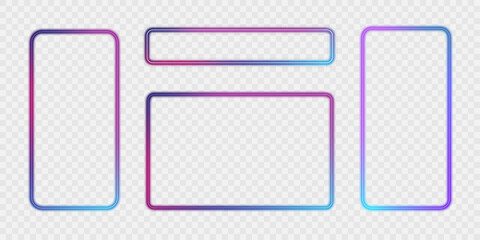 Illustration of neon electric style square frame. Gradient pink purple blue color. Isolated on transparent background. PNG 