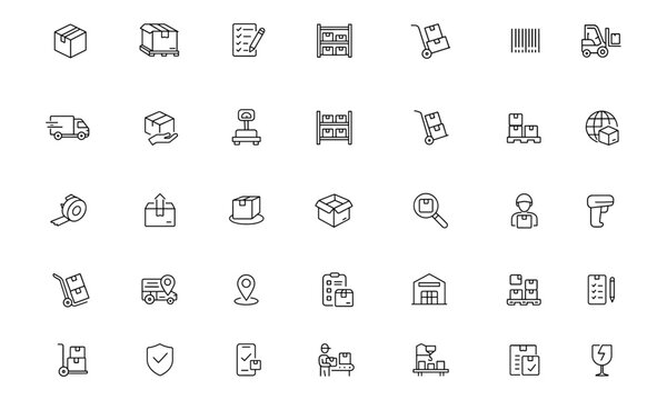 Warehouse Inventory Icon Set Vector | Adjustable Line Weight | Logistics, Storage, Shipping, Forklift, Packaging, Barcode, Pallet, Cargo, Supply Chain, Stock Management, Tracking, Dispatch, Freight