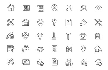 Fototapeta na wymiar Property and Real Estate Vector Icon Set | Adjustable Line Weight | Home, Rent, Sale, Mortgage, Inspection, Contract, Repair, Garage, Location, Key, Bill Icons, Housing