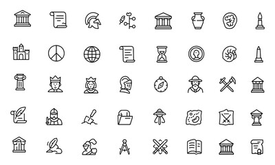 Ancient History Vector Icon Set | Museum Artifacts, Archaeology, Timeline, Empire, Medieval Culture, Civilization, Exploration, Heritage, Historical Monuments, Adjustable Line Weight