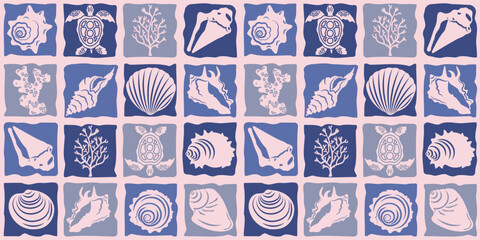 Seamless marine pattern with silhouettes of shells and corals in a mosaic style. Ornament for decorating various products.