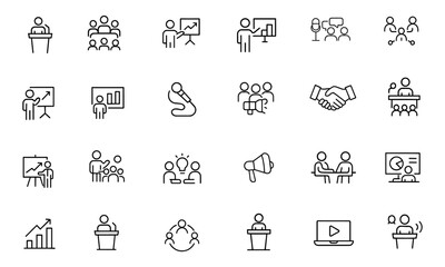 Conference Icon Set Vector | Speaker, Podium, Presentation, Networking, Seminar, Meeting, Panel, Mic, Talk, Audience, Chart, Projector | Adjustable Line Weight, Leadership, Workshop