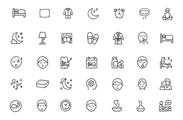 Sleep Icon Set Vector | Adjustable Line Weight | Bedtime, pillow, pajamas, relaxation, night, alarm, dreams, insomnia, bedroom, rest, sleep mask, cozy routine icons, restful sleep, calm