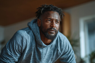 Black man squats at home, focusing on fitness in afternoon workout