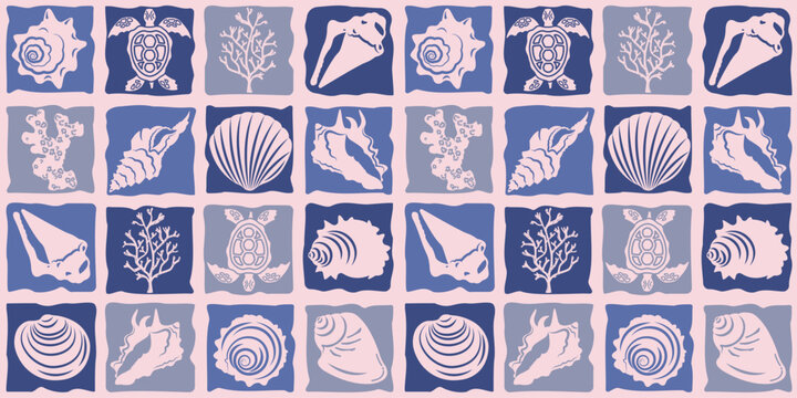 Seamless marine pattern with silhouettes of shells and corals in a mosaic style. Ornament for decorating various products.