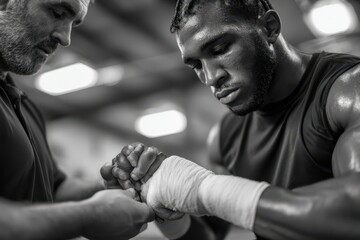Boxer receives hand wrapping before training in a gym during daylight hours