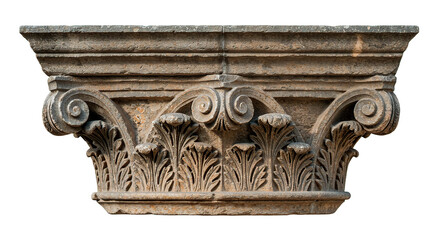An intricately carved stone Corinthian column capital stands out in remarkable detail.