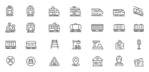 Railroad and rail transportation icon set with adjustable line weight, featuring train, subway, monorail, locomotive, freight, passenger, cargo, high-speed, vector, outline, travel, network © aura studio
