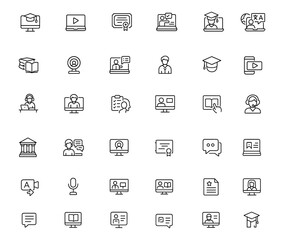Virtual Education Icon Set for Online Learning, eLearning, Webinar & Certification | Adjustable Line Weight | Training, Remote Study, Digital Classroom, Graduation, Language Course