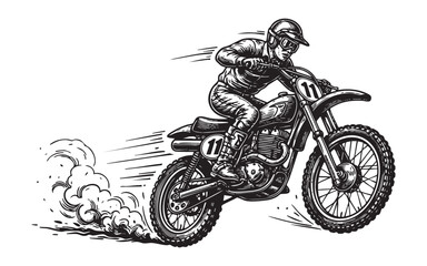 Obraz premium Motocross Rider in Action Vector Engraving Illustration
