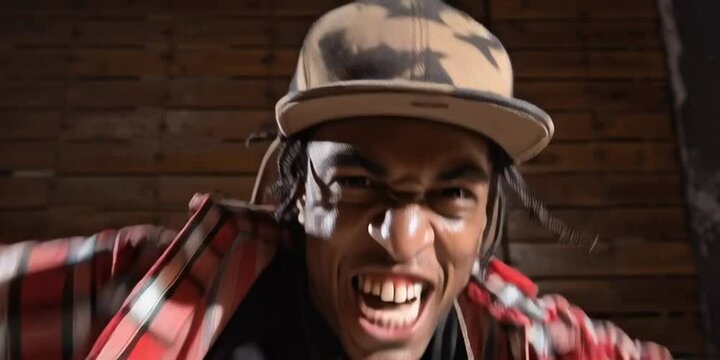 A black man in modern fashion is krump dancing - an aggressive hip-hop dance