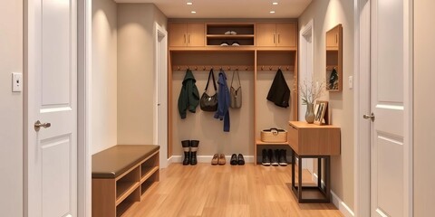 Sleek hallway with built-in bench, shoe storage, coat rack, & small console table,  interior,  metal