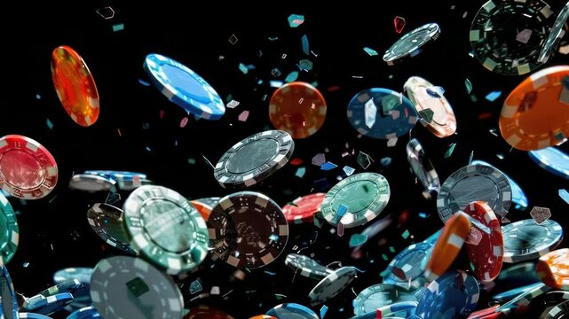 A group of colorful poker chips fall through the air, creating a swirling pattern
