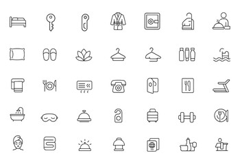 Hotel Amenities Vector Icon Set | Adjustable Line Weight | Bed, Safe, Key, Robe, Pool, Spa, Slippers, Pillow, Room Service, Comfort, Dining, Hanger, Luxury Icons, Travel, Resort, Reservation,