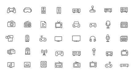 Home Entertainment Icon Set Vector | Retro media devices, game controller, VR headset, projector, stereo, joystick, amplifier, camera, radio, router, turntable, audio system, virtual reality